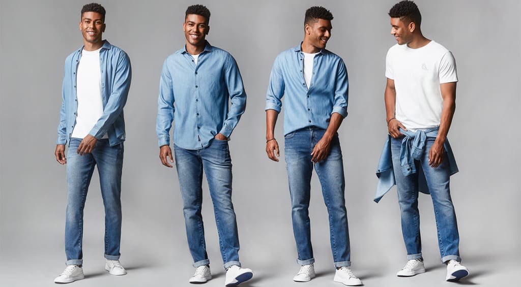 modelo usando diferentes roupas jeans e posando para a camera