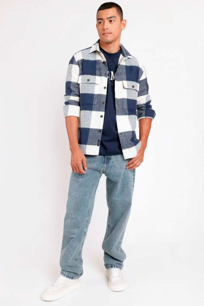 Homem posando com camisa xadrez azul e jeans