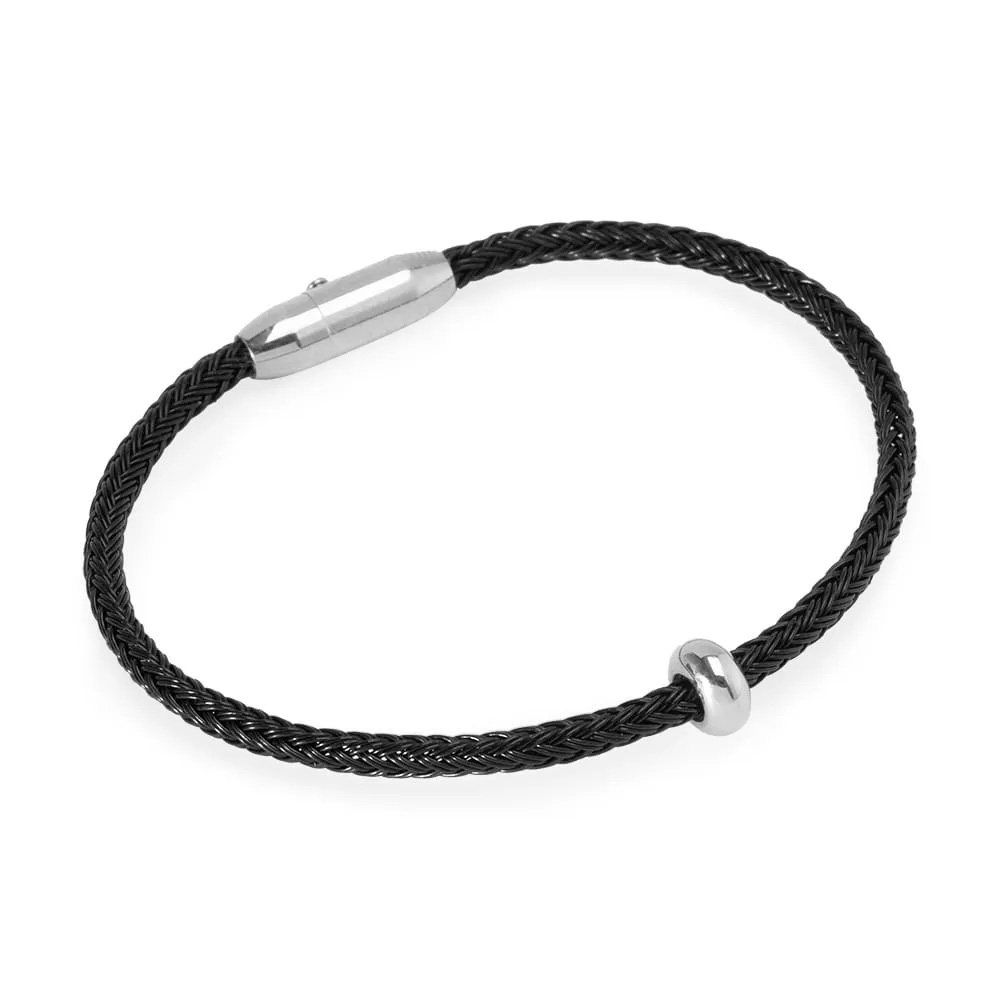Pulseira de corda preta com fecho prateado